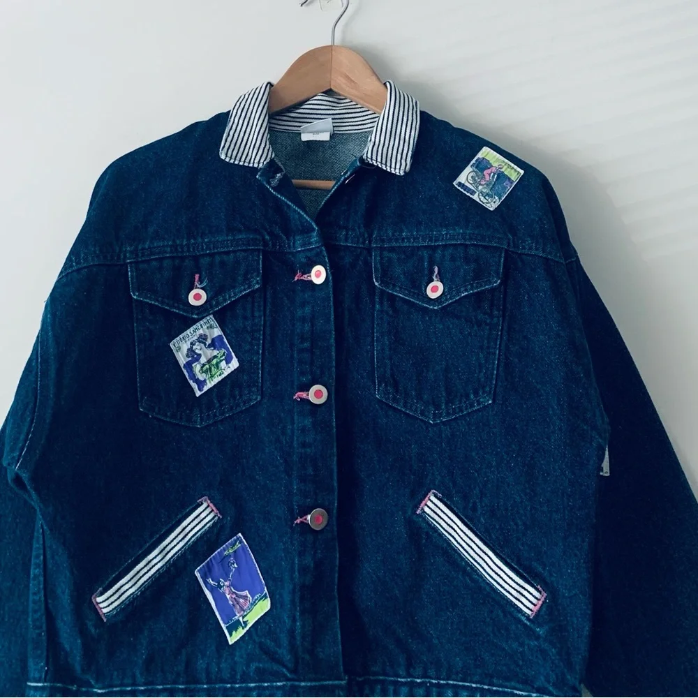 Vintage OshKosh Denim Jacket Stripe Collar Patchwork Size 12 Dark Blue Granola